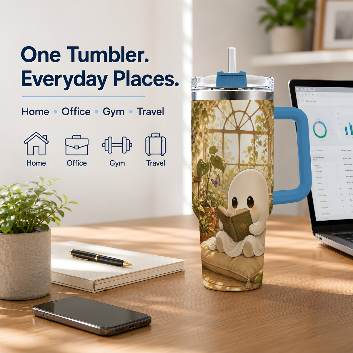 #pl[40oz|Blue] Botanical Reading Ghost 40oz Tumbler, Garden Book Art for Readers