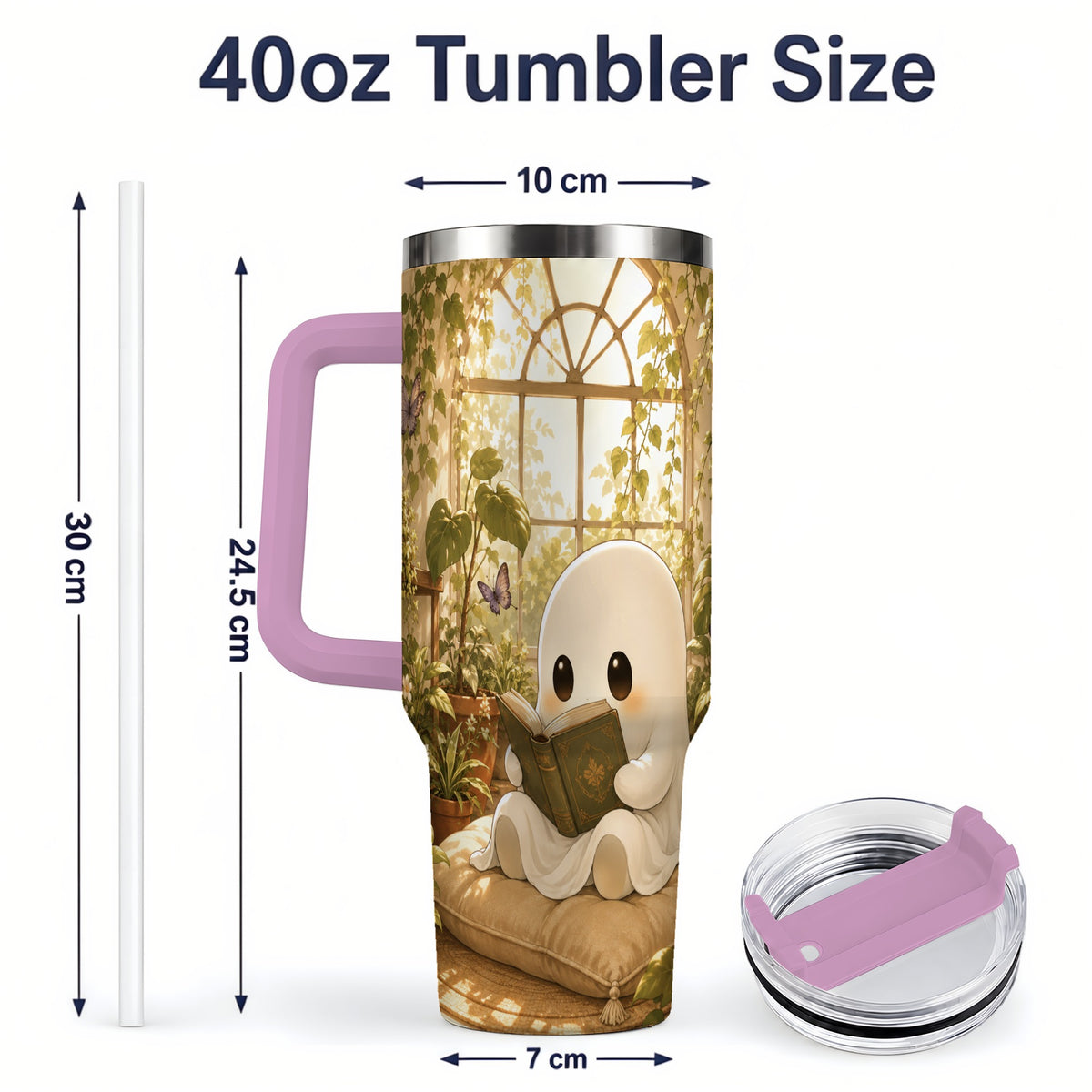 #pl[40oz|Pink] Botanical Reading Ghost 40oz Tumbler, Garden Book Art for Readers