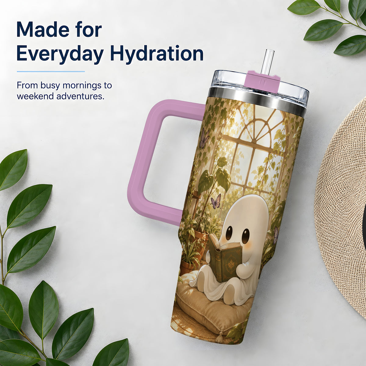 #pl[40oz|Pink] Botanical Reading Ghost 40oz Tumbler, Garden Book Art for Readers