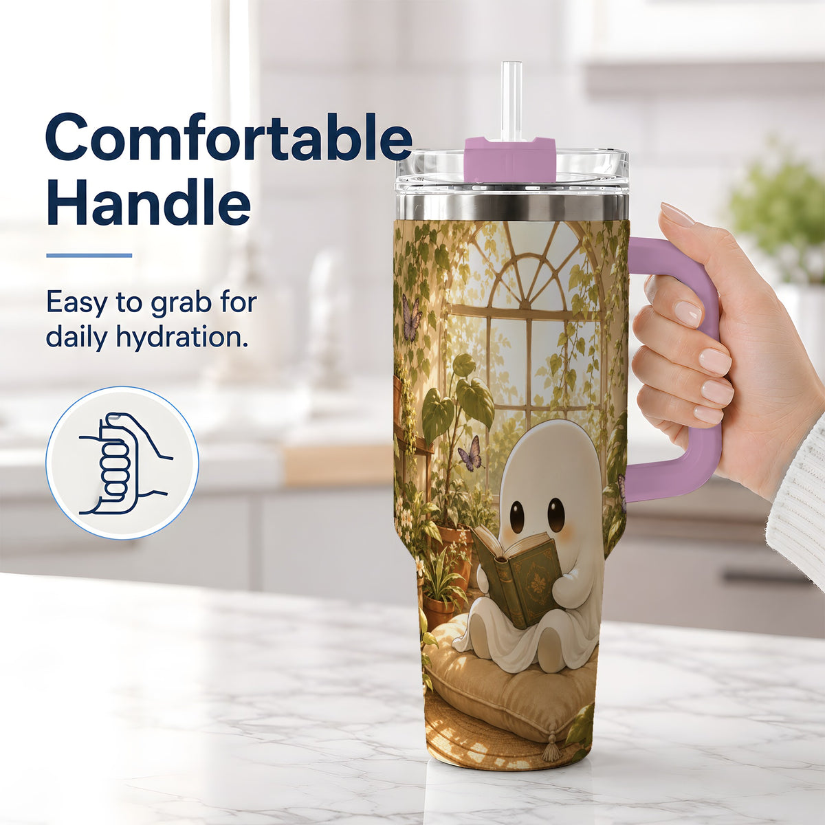 #pl[40oz|Pink] Botanical Reading Ghost 40oz Tumbler, Garden Book Art for Readers