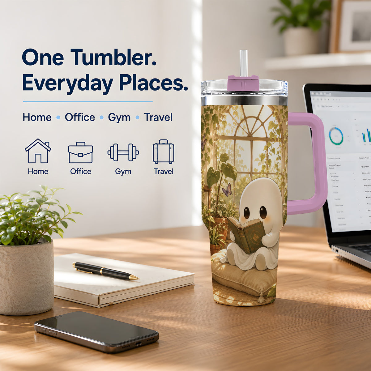 #pl[40oz|Pink] Botanical Reading Ghost 40oz Tumbler, Garden Book Art for Readers