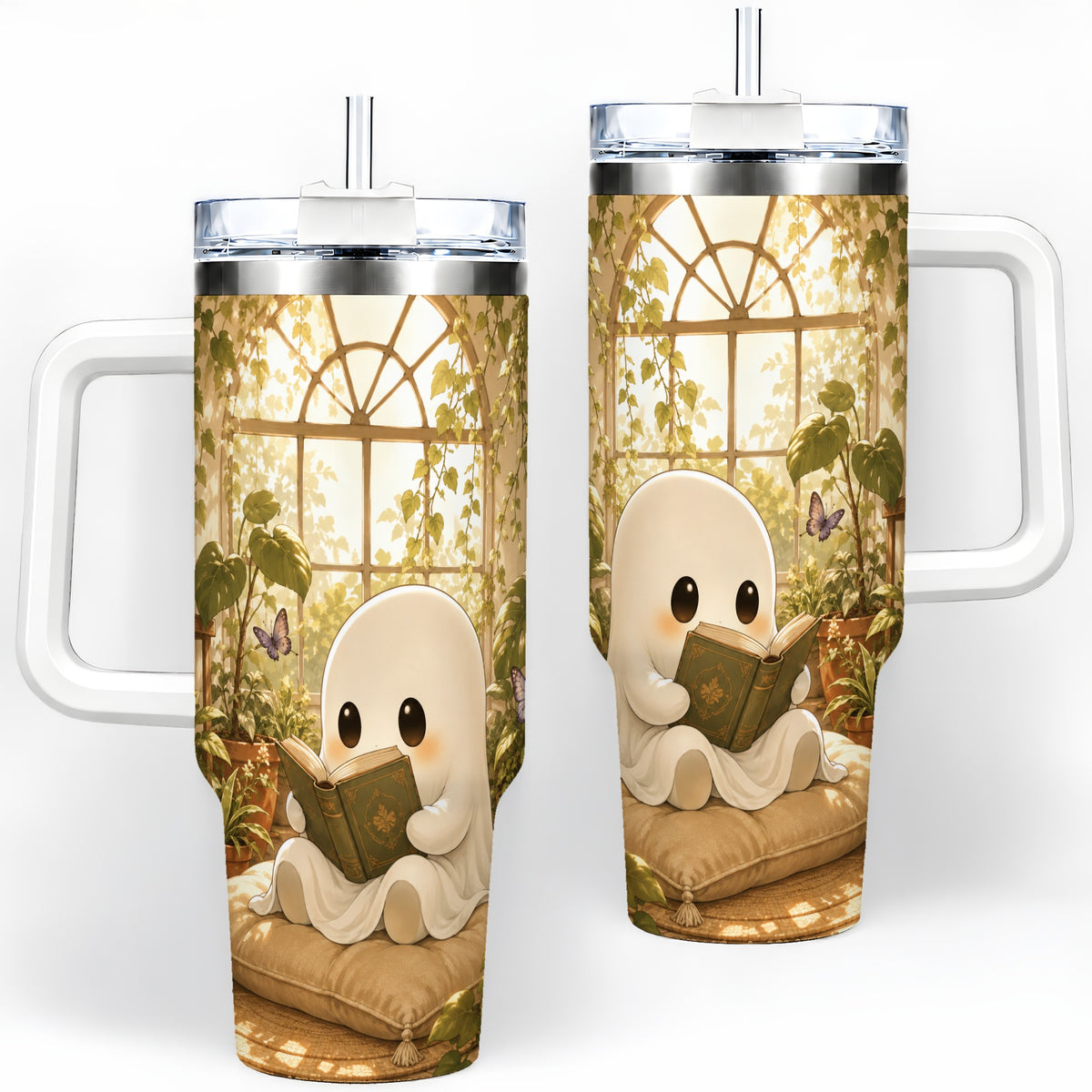 Botanical Reading Ghost 40oz Tumbler, Garden Book Art for Readers