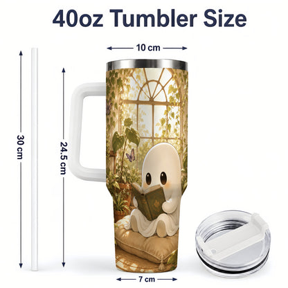 #pl[40oz|White] Botanical Reading Ghost 40oz Tumbler, Garden Book Art for Readers