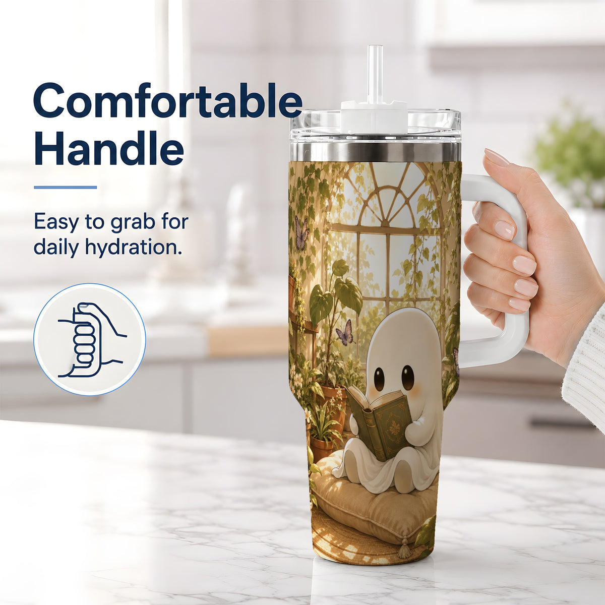 #pl[40oz|White] Botanical Reading Ghost 40oz Tumbler, Garden Book Art for Readers