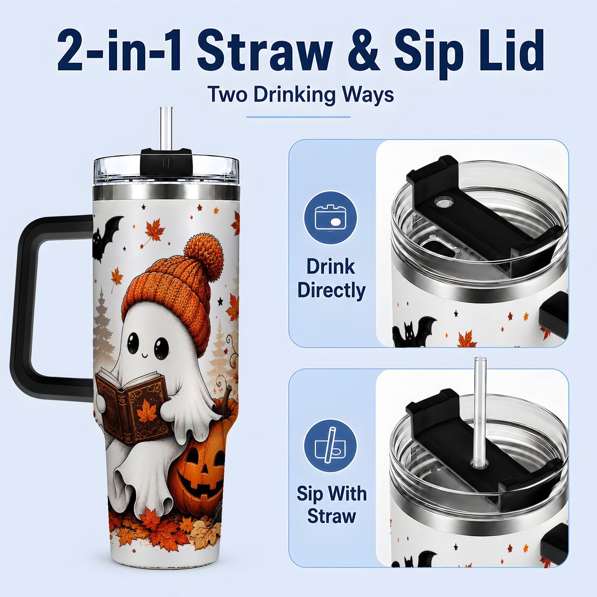 #pl[40oz|Black] Halloween Reading Ghost 40oz Tumbler, Pumpkin Fall Art for Readers