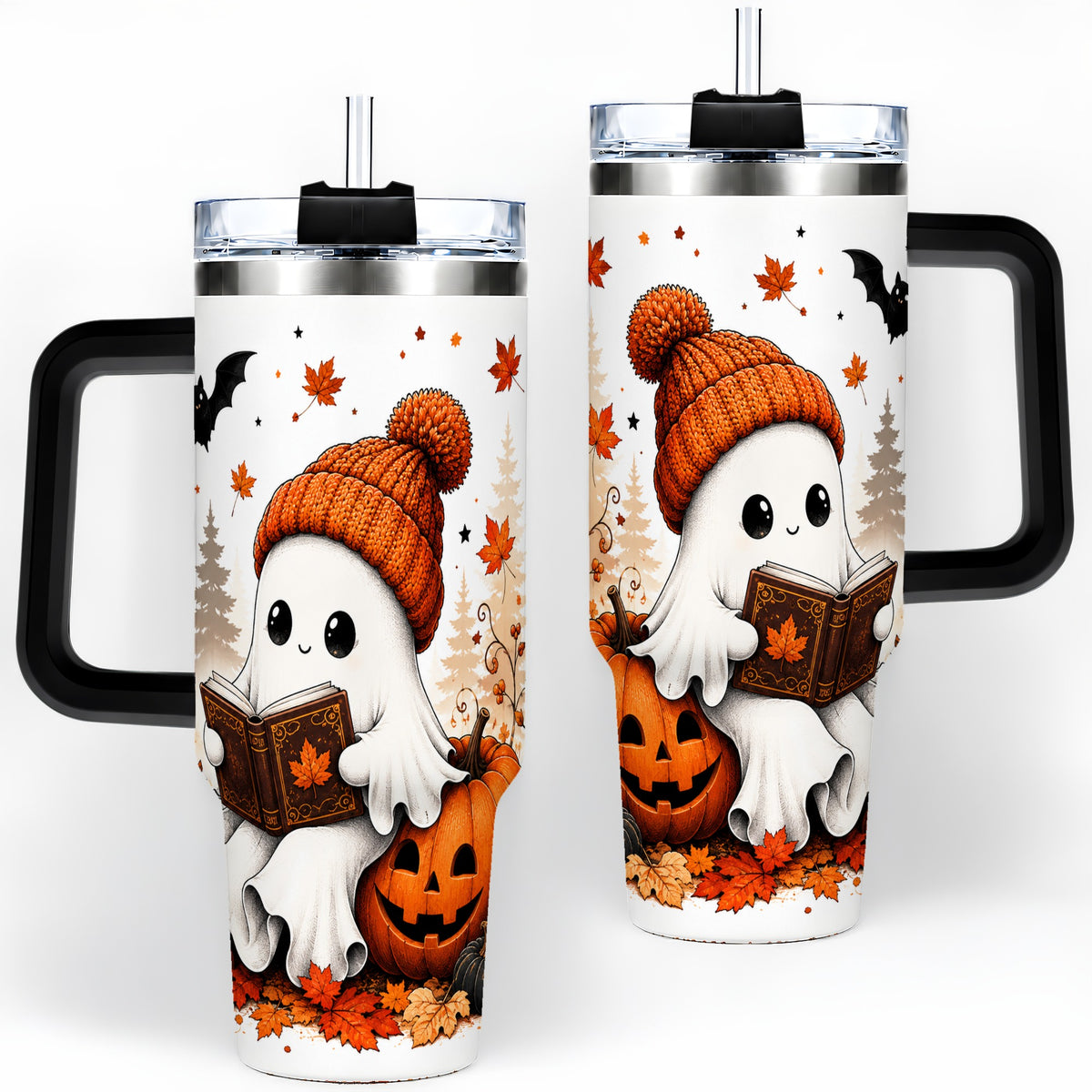 #pl[40oz|Black] Halloween Reading Ghost 40oz Tumbler, Pumpkin Fall Art for Readers