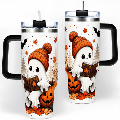 #pl[40oz|Black] Halloween Reading Ghost 40oz Tumbler, Pumpkin Fall Art for Readers