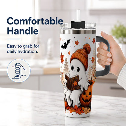 #pl[40oz|Black] Halloween Reading Ghost 40oz Tumbler, Pumpkin Fall Art for Readers