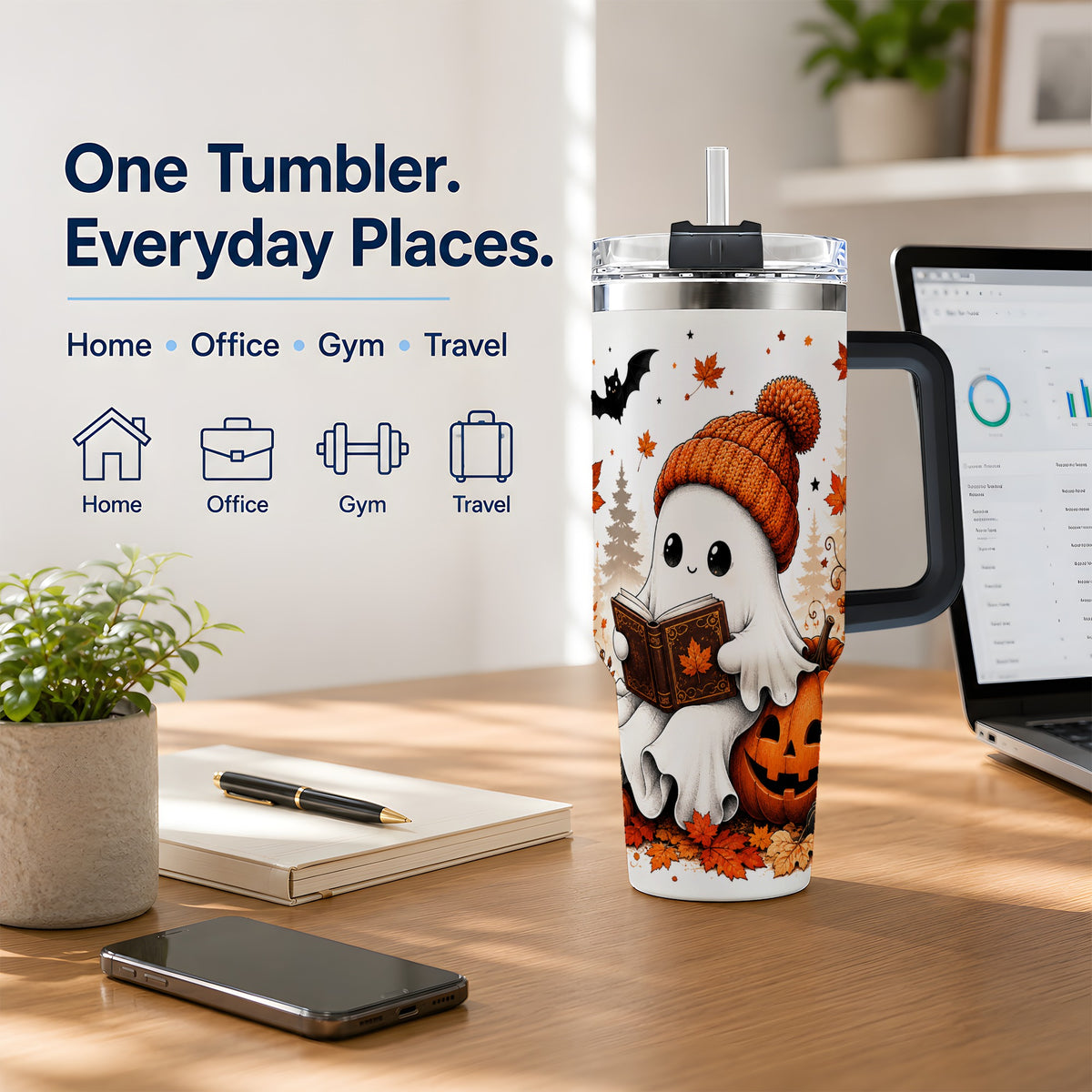 #pl[40oz|Black] Halloween Reading Ghost 40oz Tumbler, Pumpkin Fall Art for Readers