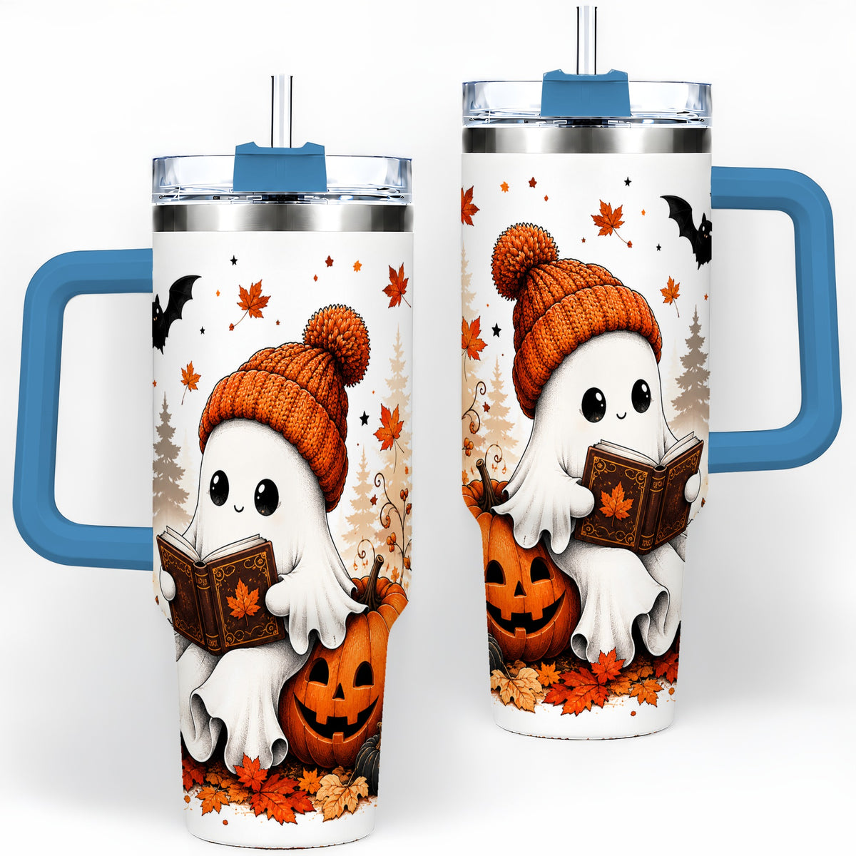 #pl[40oz|Blue] Halloween Reading Ghost 40oz Tumbler, Pumpkin Fall Art for Readers