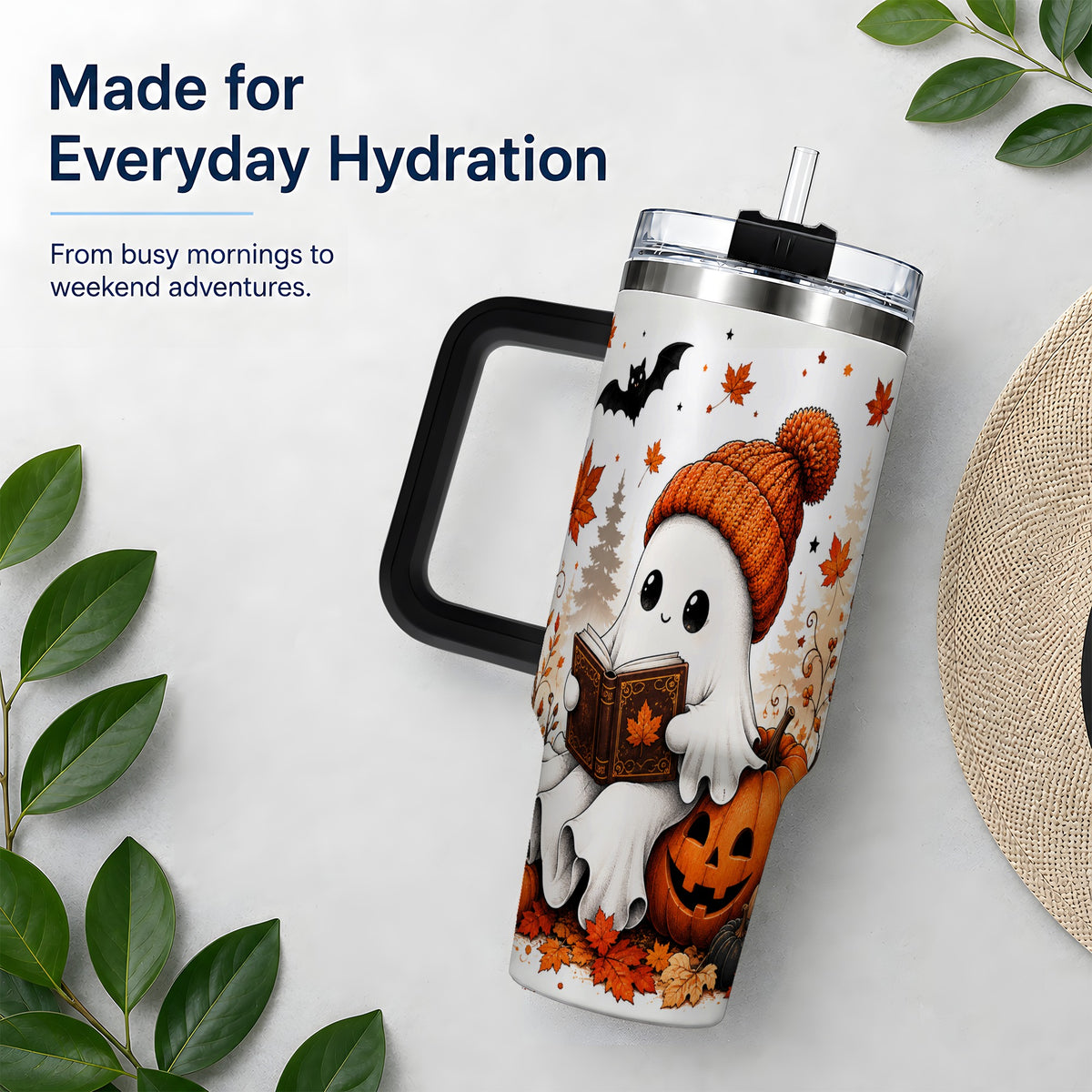 #pl[40oz|Black] Halloween Reading Ghost 40oz Tumbler, Pumpkin Fall Art for Readers