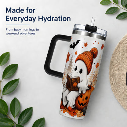 #pl[40oz|Black] Halloween Reading Ghost 40oz Tumbler, Pumpkin Fall Art for Readers