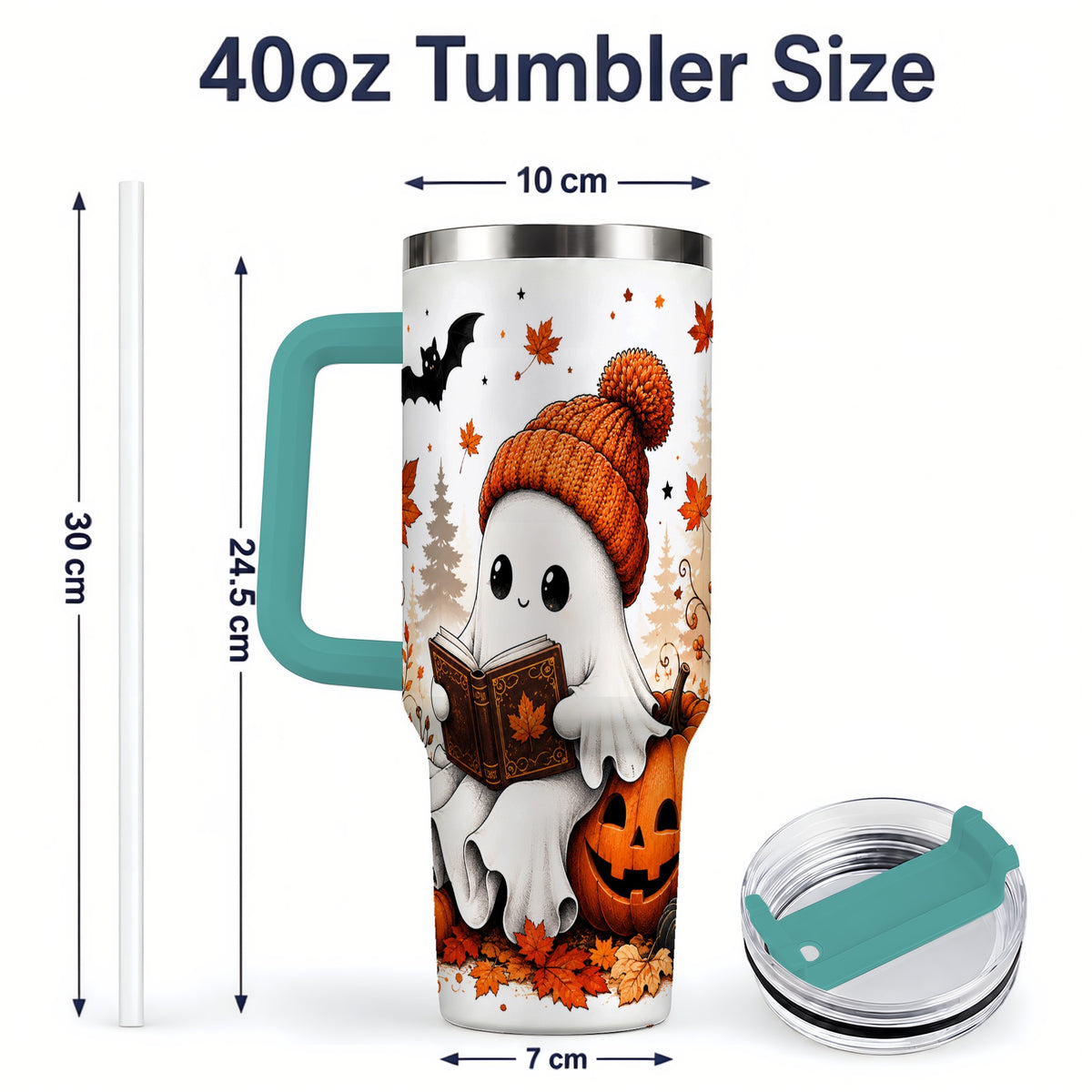 #pl[40oz|Green] Halloween Reading Ghost 40oz Tumbler, Pumpkin Fall Art for Readers