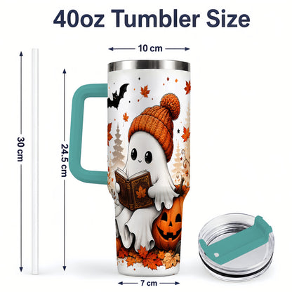 #pl[40oz|Green] Halloween Reading Ghost 40oz Tumbler, Pumpkin Fall Art for Readers