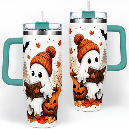 #pl[40oz|Green] Halloween Reading Ghost 40oz Tumbler, Pumpkin Fall Art for Readers
