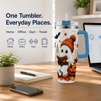 #pl[40oz|Blue] Halloween Reading Ghost 40oz Tumbler, Pumpkin Fall Art for Readers