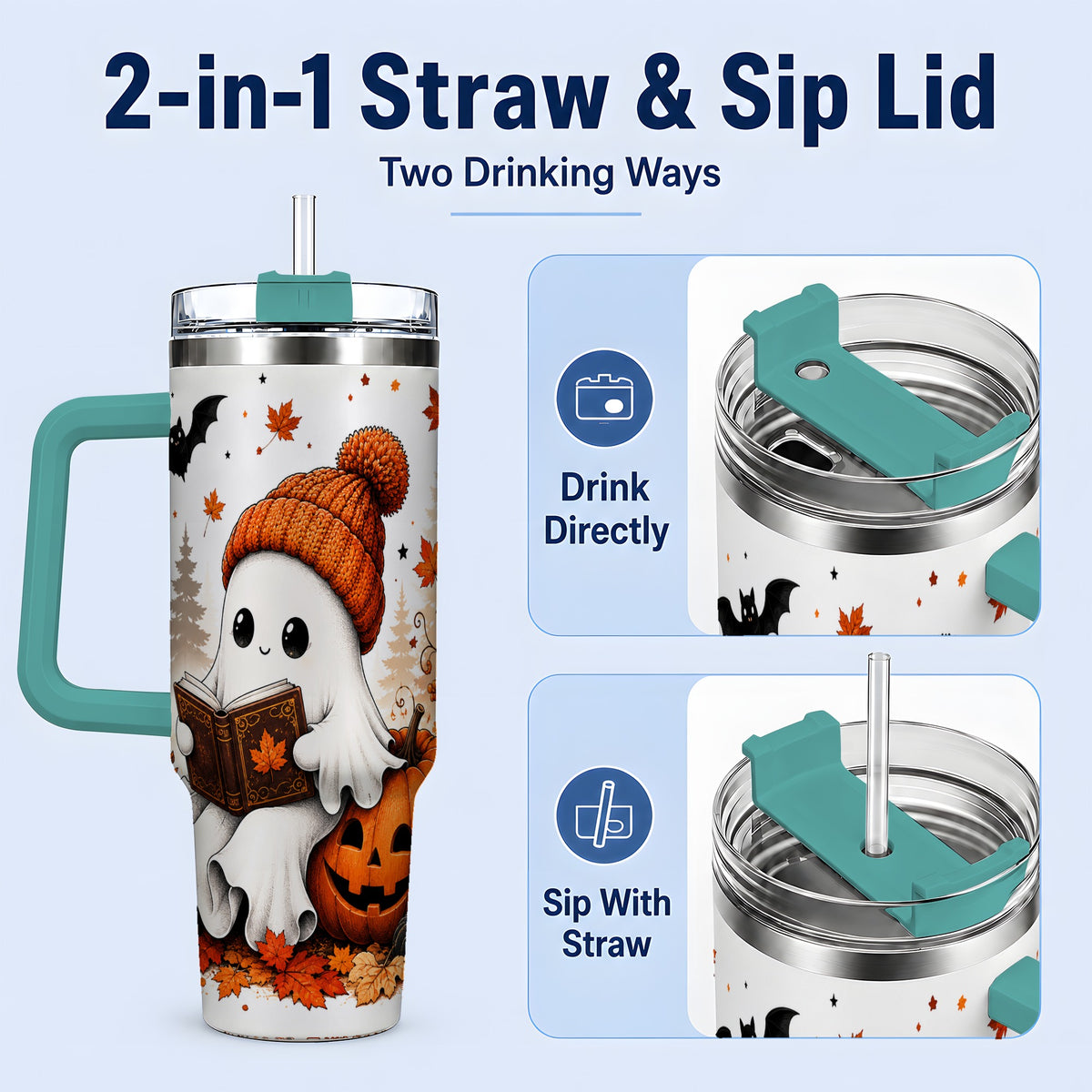 #pl[40oz|Green] Halloween Reading Ghost 40oz Tumbler, Pumpkin Fall Art for Readers