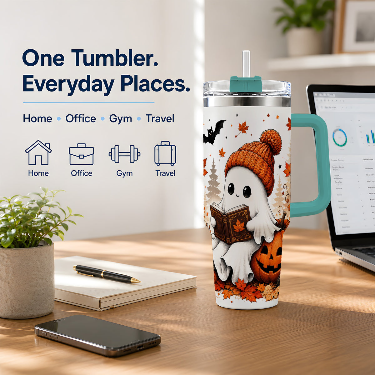 #pl[40oz|Green] Halloween Reading Ghost 40oz Tumbler, Pumpkin Fall Art for Readers
