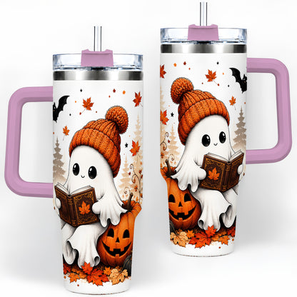 #pl[40oz|Pink] Halloween Reading Ghost 40oz Tumbler, Pumpkin Fall Art for Readers