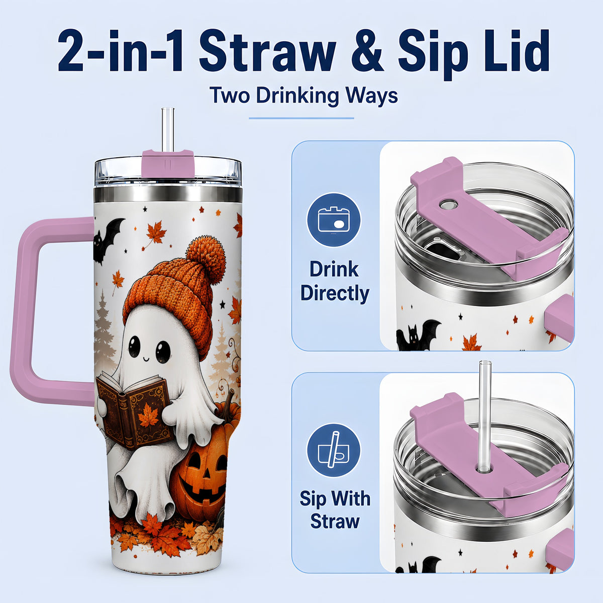 #pl[40oz|Pink] Halloween Reading Ghost 40oz Tumbler, Pumpkin Fall Art for Readers