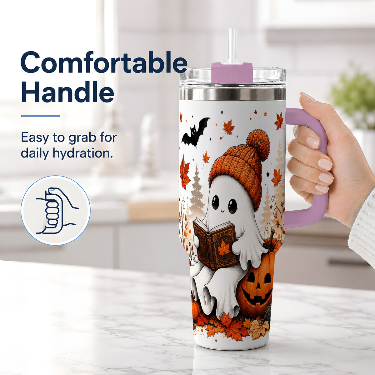 #pl[40oz|Pink] Halloween Reading Ghost 40oz Tumbler, Pumpkin Fall Art for Readers