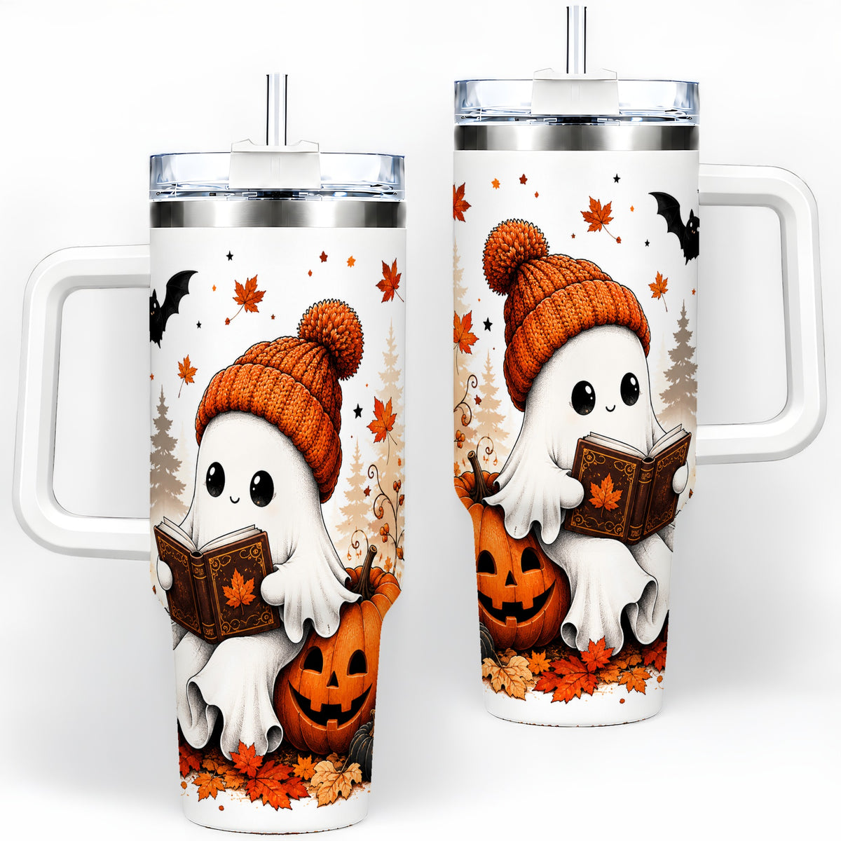Halloween Reading Ghost 40oz Tumbler, Pumpkin Fall Art for Readers