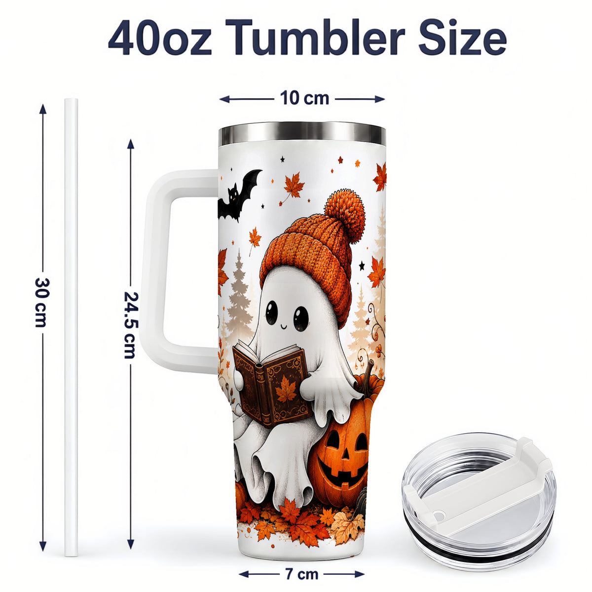 #pl[40oz|White] Halloween Reading Ghost 40oz Tumbler, Pumpkin Fall Art for Readers