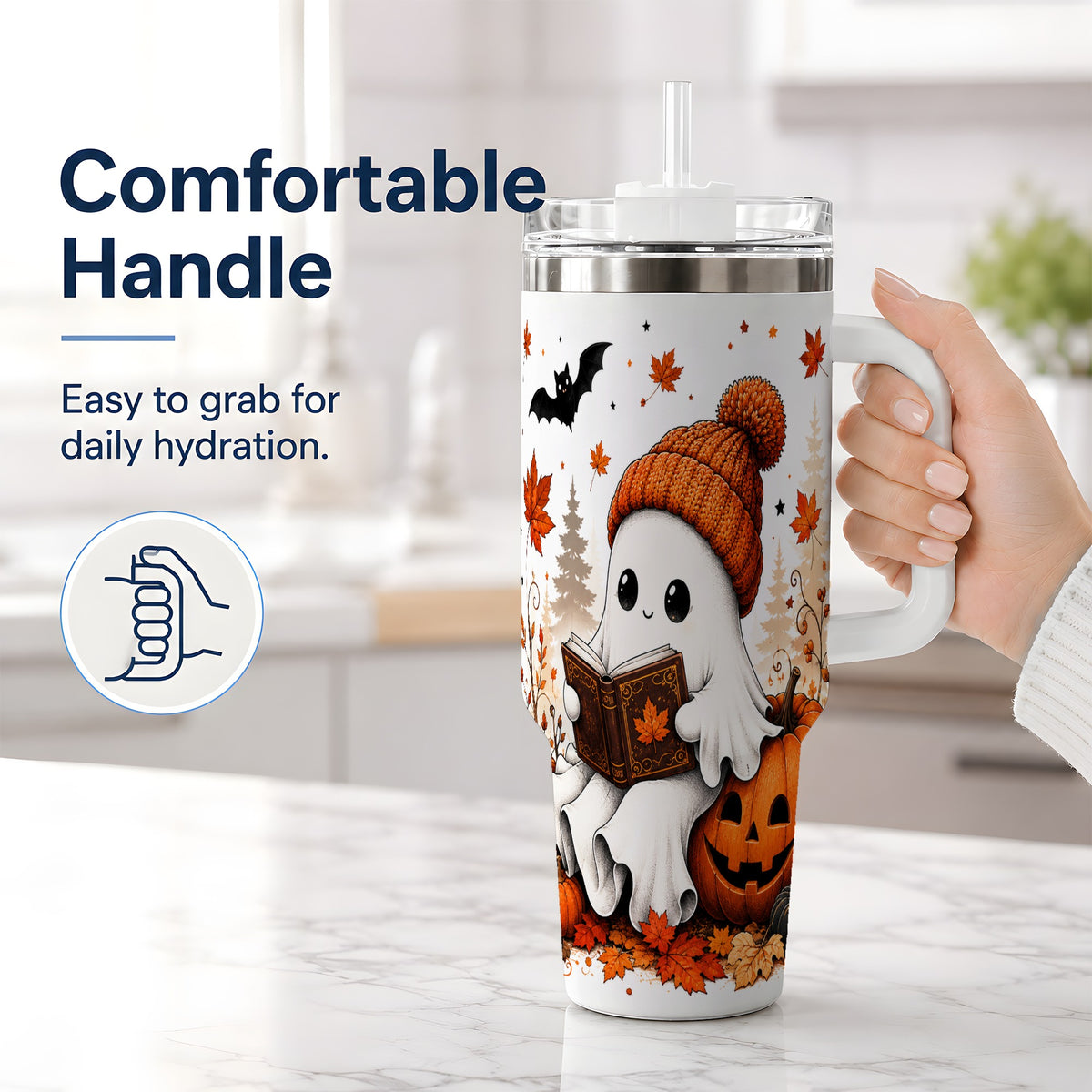 #pl[40oz|White] Halloween Reading Ghost 40oz Tumbler, Pumpkin Fall Art for Readers