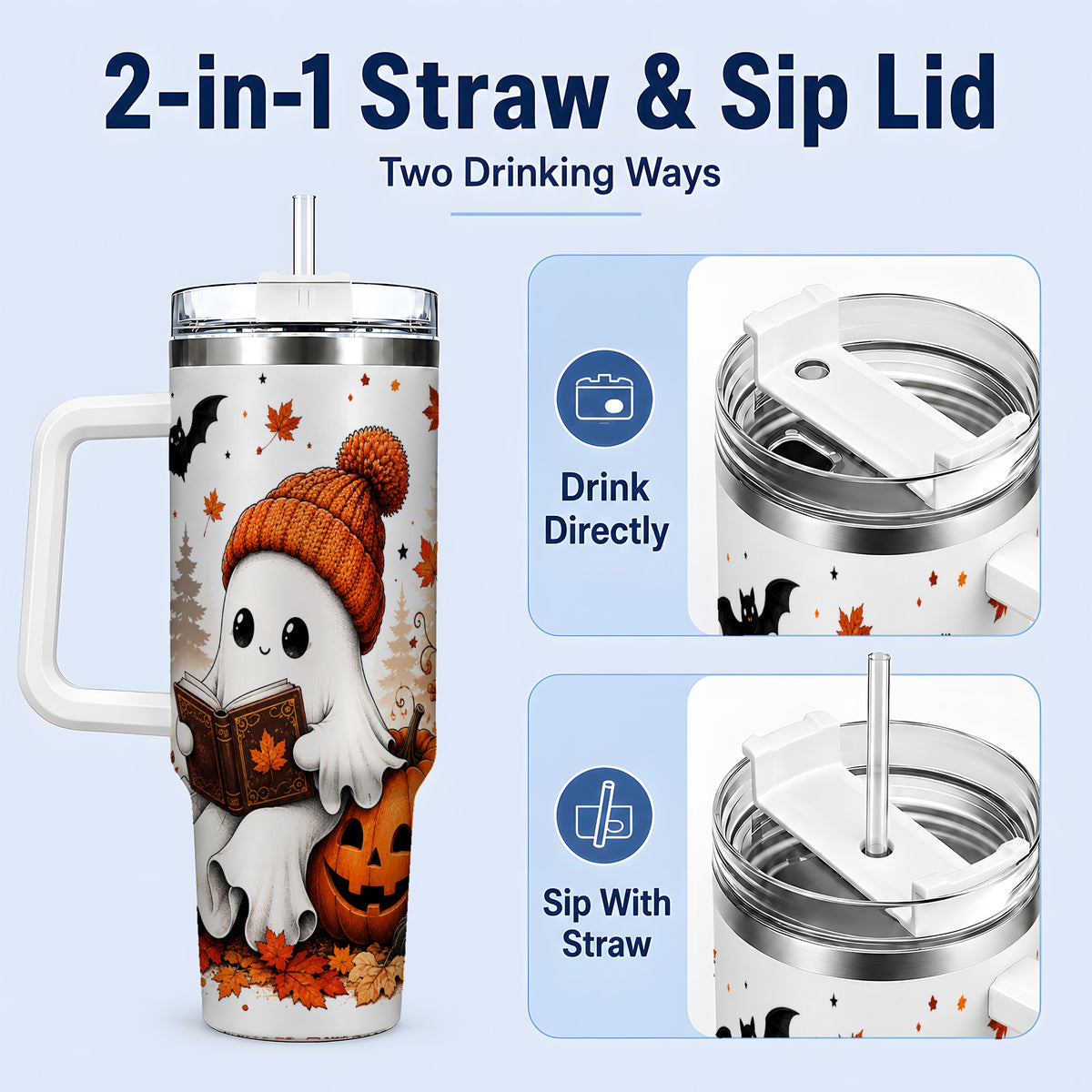 #pl[40oz|White] Halloween Reading Ghost 40oz Tumbler, Pumpkin Fall Art for Readers
