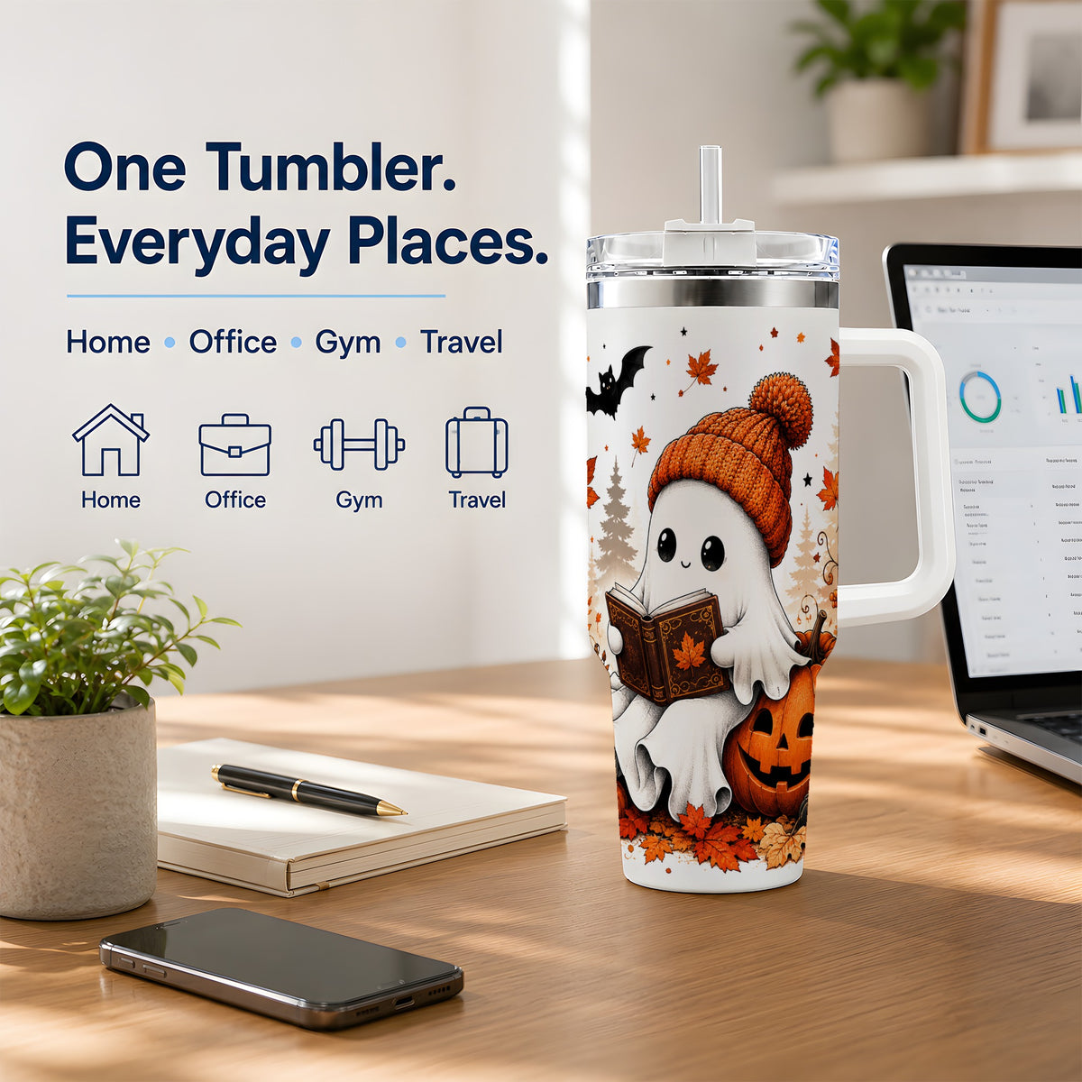 #pl[40oz|White] Halloween Reading Ghost 40oz Tumbler, Pumpkin Fall Art for Readers