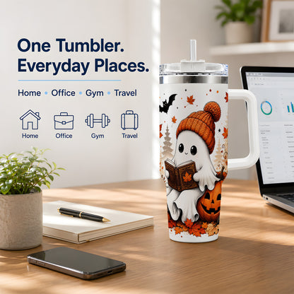 #pl[40oz|White] Halloween Reading Ghost 40oz Tumbler, Pumpkin Fall Art for Readers
