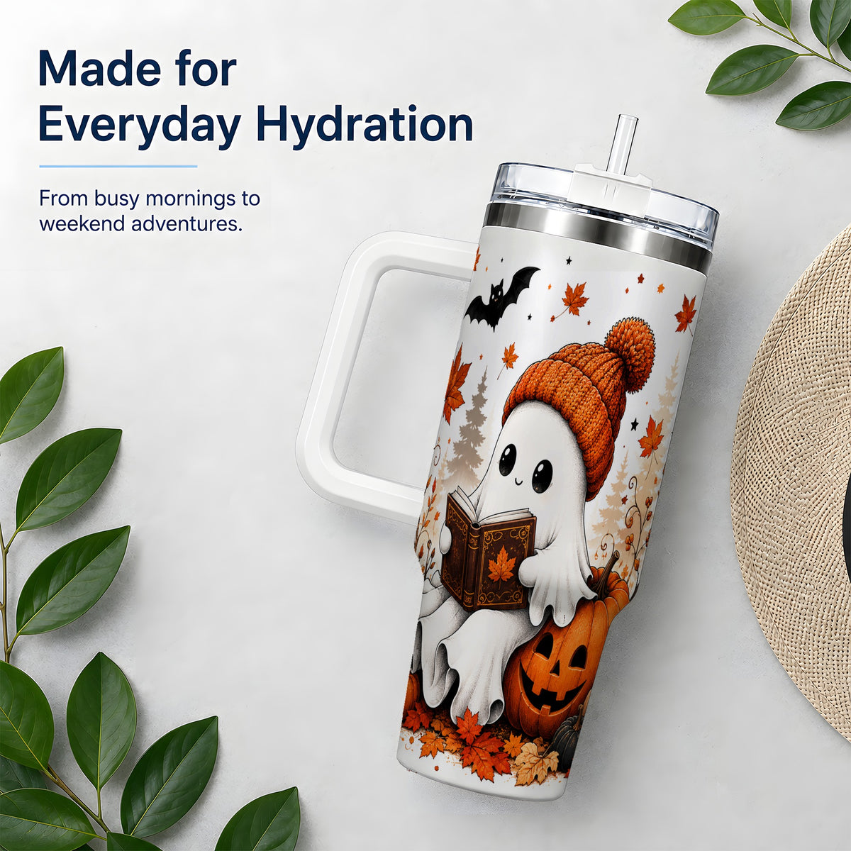 #pl[40oz|White] Halloween Reading Ghost 40oz Tumbler, Pumpkin Fall Art for Readers