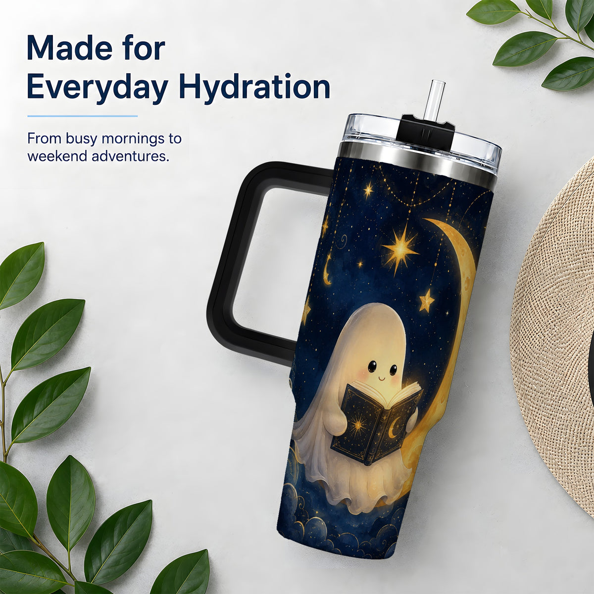 #pl[40oz|Black] Celestial Reading Ghost 40oz Tumbler, Moon and Stars Art for Readers