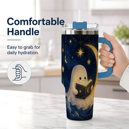 #pl[40oz|Blue] Celestial Reading Ghost 40oz Tumbler, Moon and Stars Art for Readers