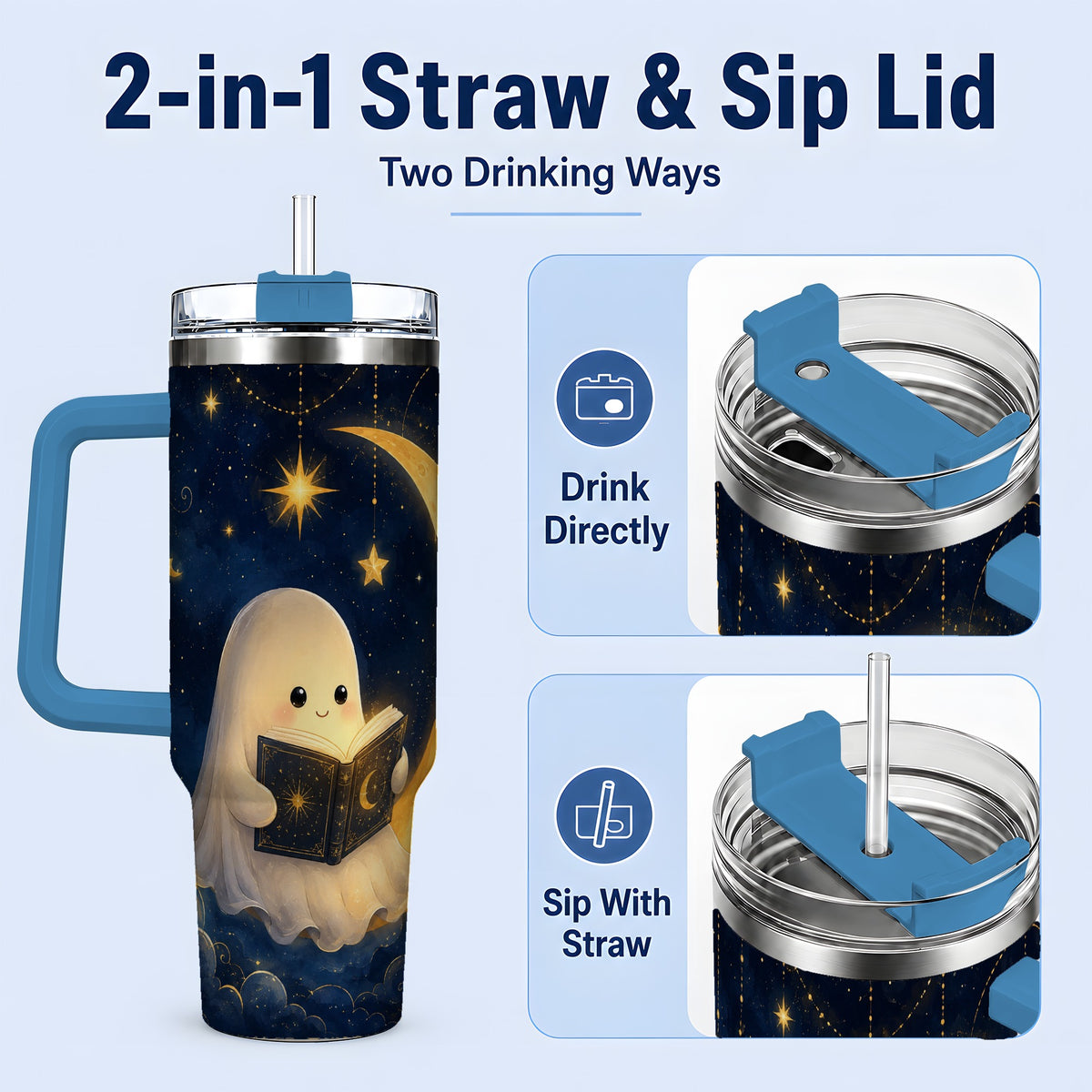 #pl[40oz|Blue] Celestial Reading Ghost 40oz Tumbler, Moon and Stars Art for Readers