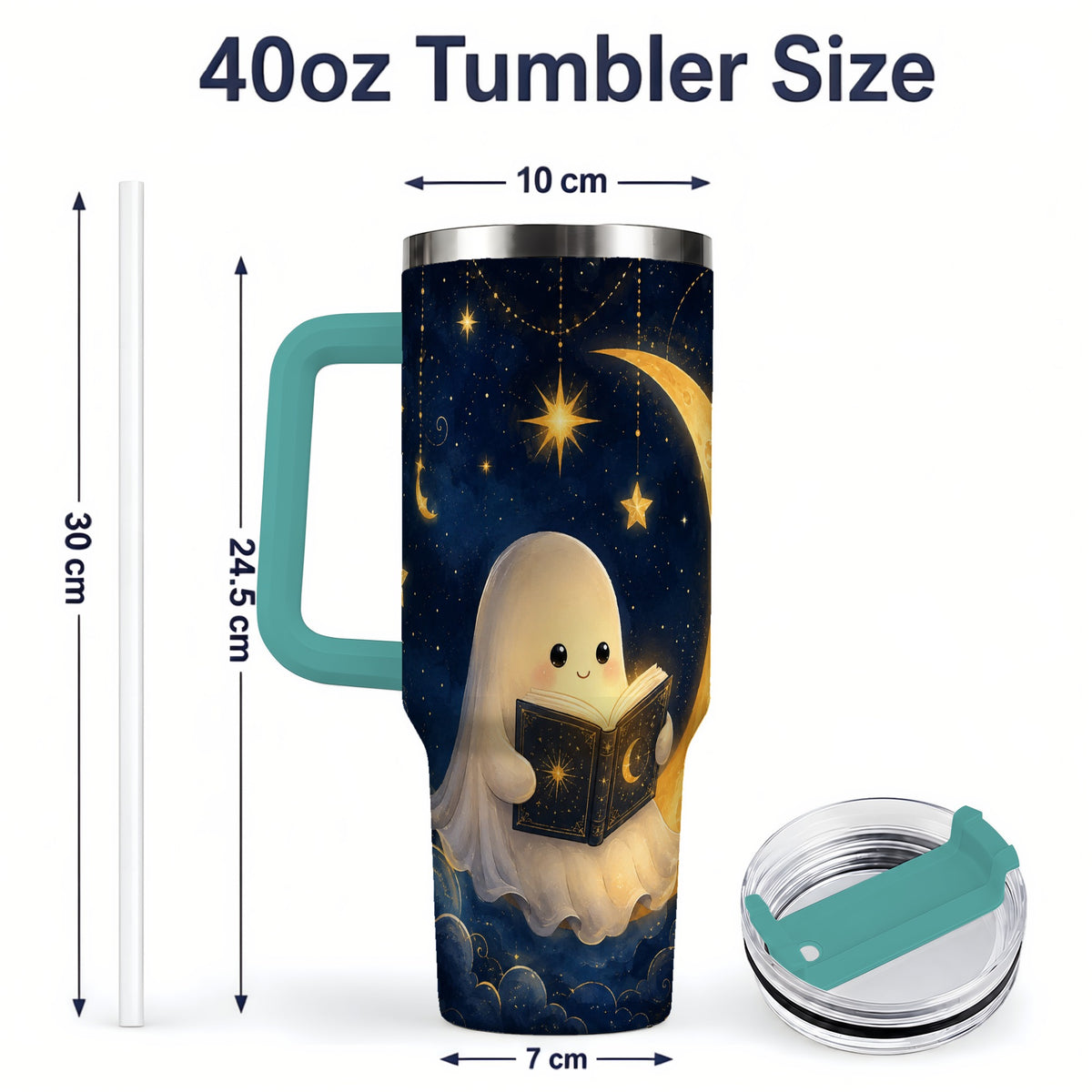 #pl[40oz|Green] Celestial Reading Ghost 40oz Tumbler, Moon and Stars Art for Readers