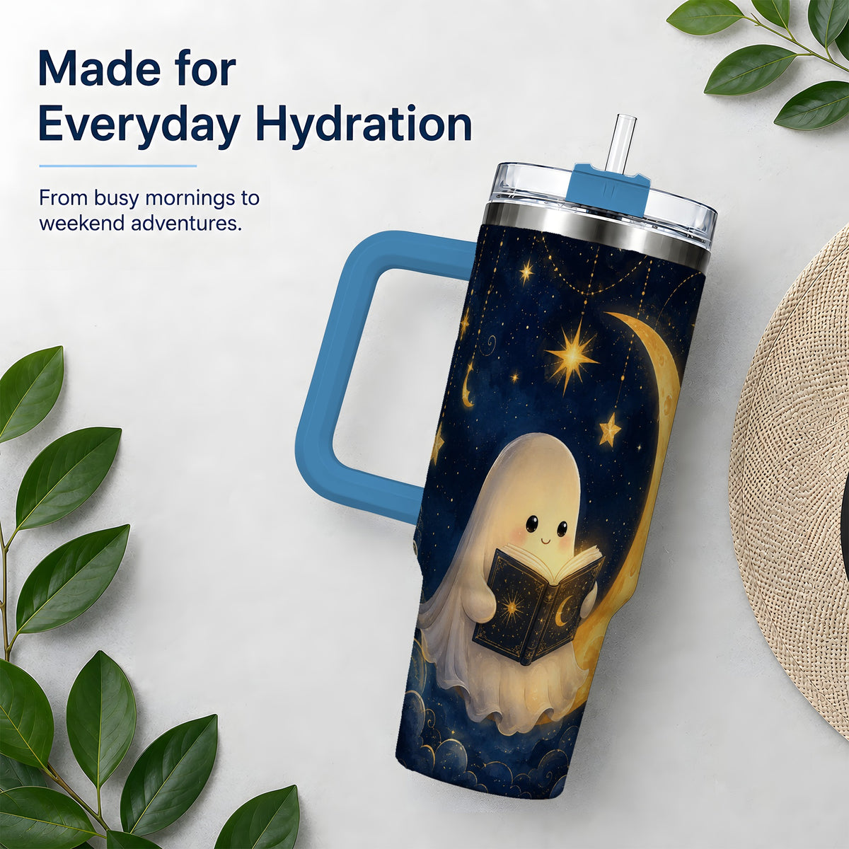 #pl[40oz|Blue] Celestial Reading Ghost 40oz Tumbler, Moon and Stars Art for Readers