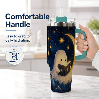 #pl[40oz|Green] Celestial Reading Ghost 40oz Tumbler, Moon and Stars Art for Readers