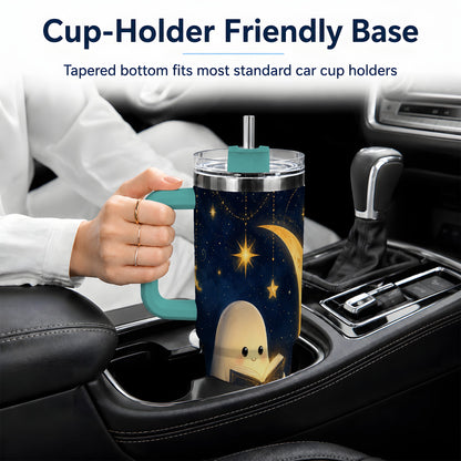 #pl[40oz|Green] Celestial Reading Ghost 40oz Tumbler, Moon and Stars Art for Readers