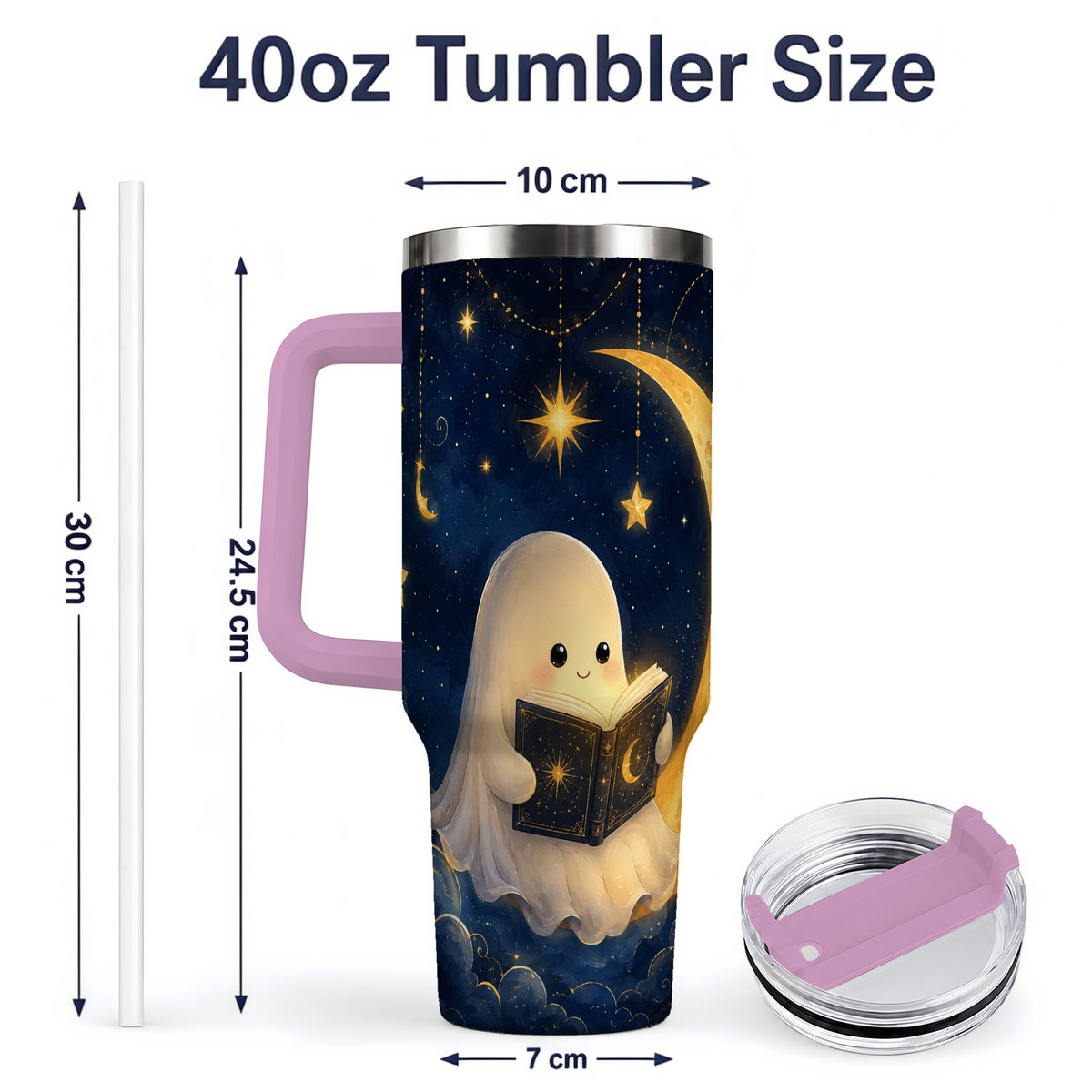 #pl[40oz|Pink] Celestial Reading Ghost 40oz Tumbler, Moon and Stars Art for Readers
