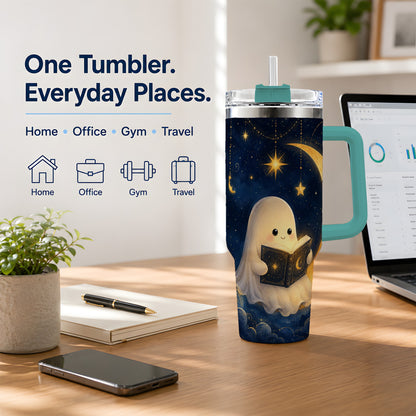 #pl[40oz|Green] Celestial Reading Ghost 40oz Tumbler, Moon and Stars Art for Readers