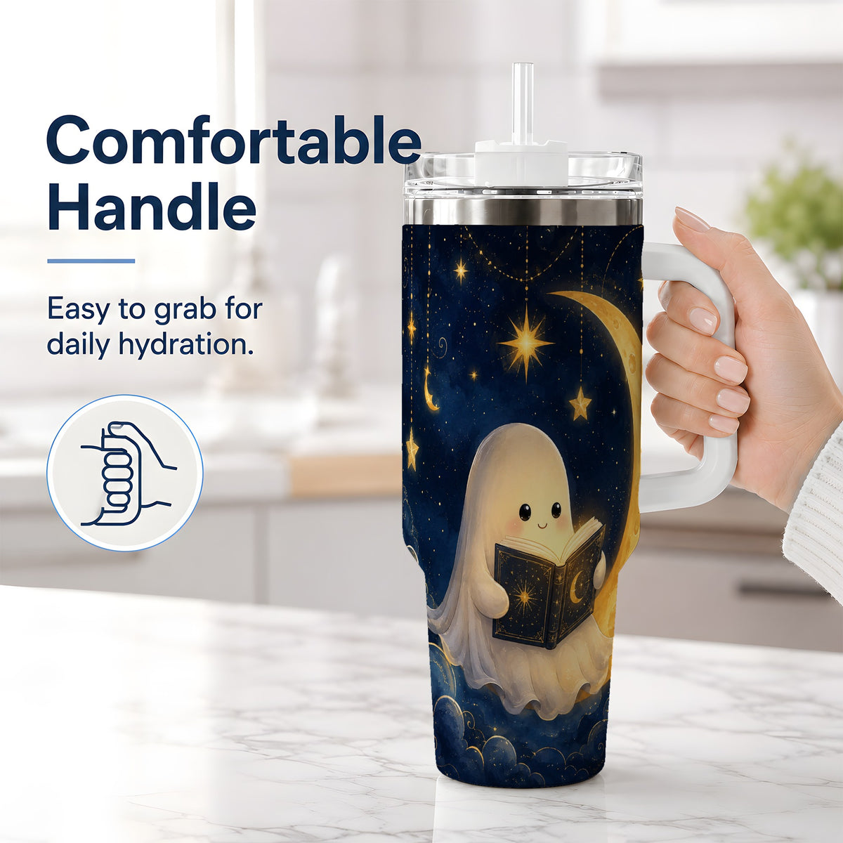 #pl[40oz|White] Celestial Reading Ghost 40oz Tumbler, Moon and Stars Art for Readers
