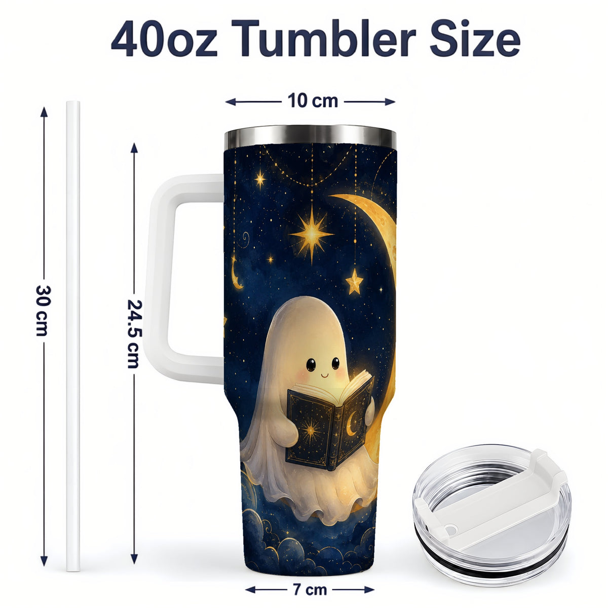 #pl[40oz|White] Celestial Reading Ghost 40oz Tumbler, Moon and Stars Art for Readers