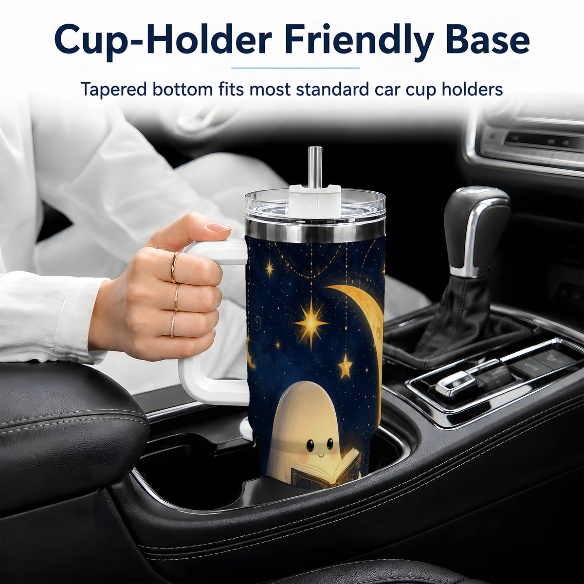#pl[40oz|White] Celestial Reading Ghost 40oz Tumbler, Moon and Stars Art for Readers