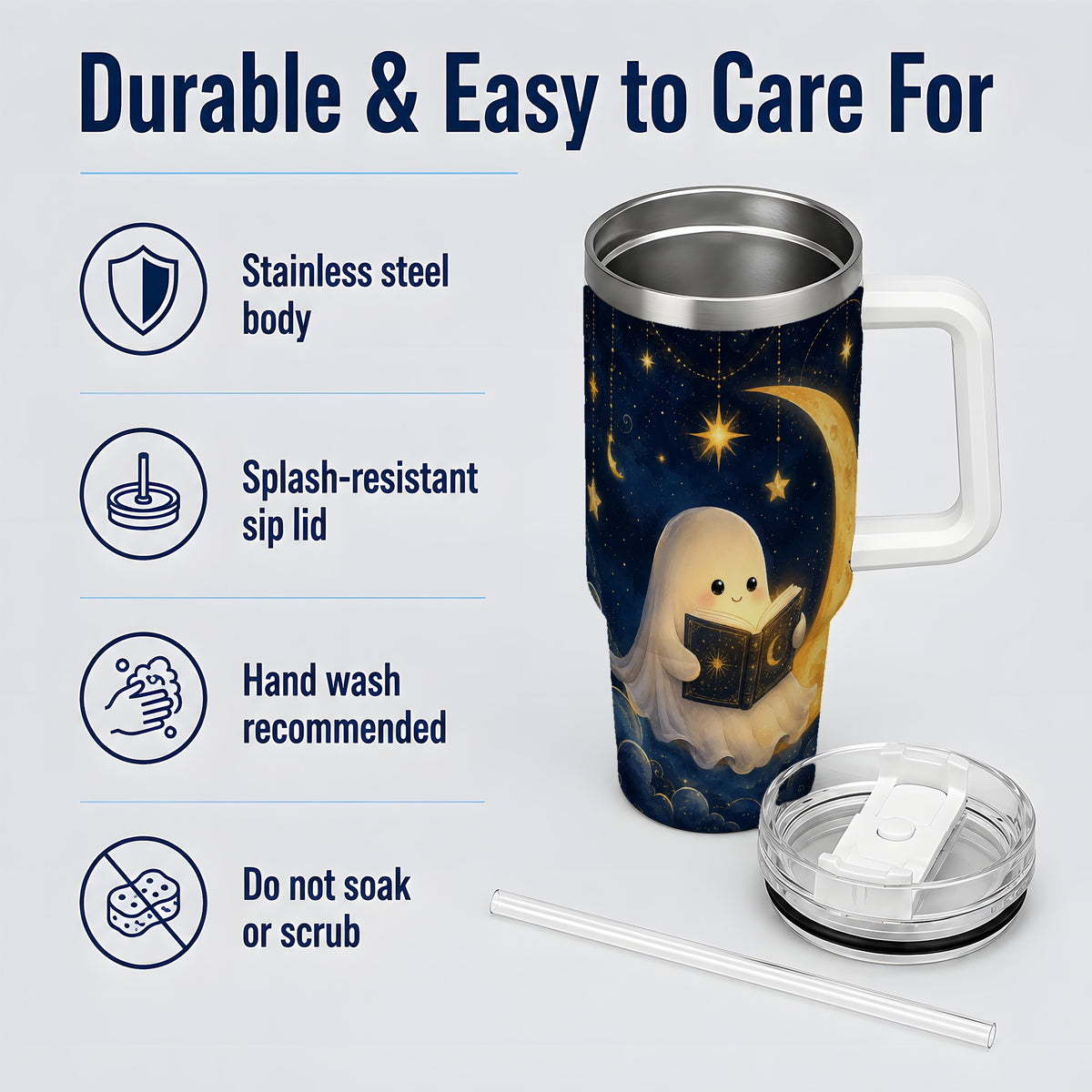 #pl[40oz|White] Celestial Reading Ghost 40oz Tumbler, Moon and Stars Art for Readers