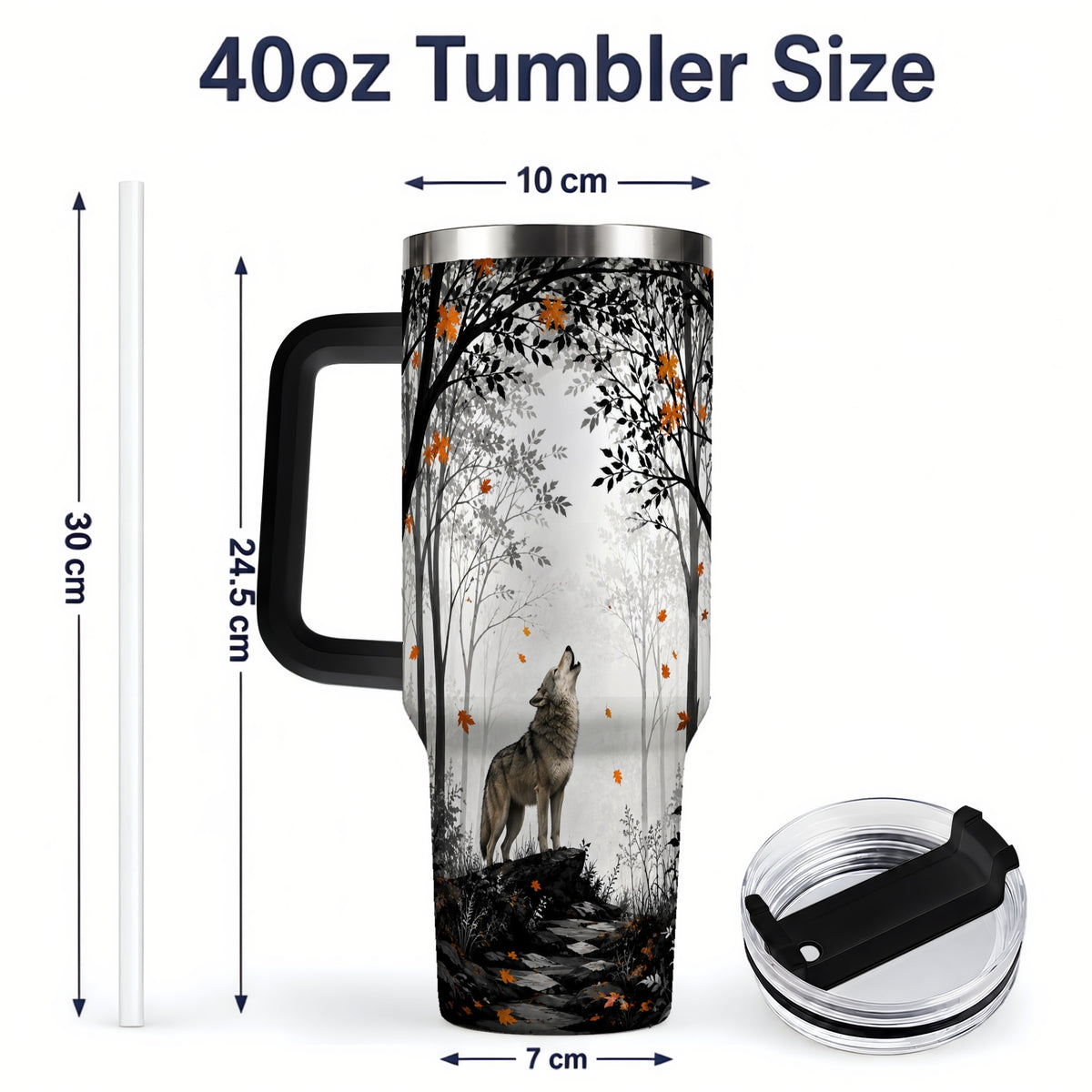 #pl[40oz|Black] Howling Wolf 40oz Tumbler, Autumn Forest Artwork for Nature Lovers