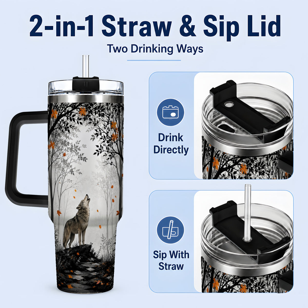 #pl[40oz|Black] Howling Wolf 40oz Tumbler, Autumn Forest Artwork for Nature Lovers
