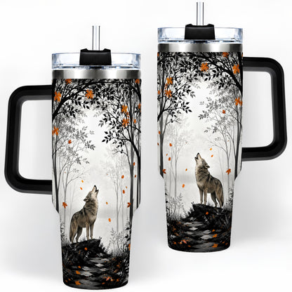 #pl[40oz|Black] Howling Wolf 40oz Tumbler, Autumn Forest Artwork for Nature Lovers