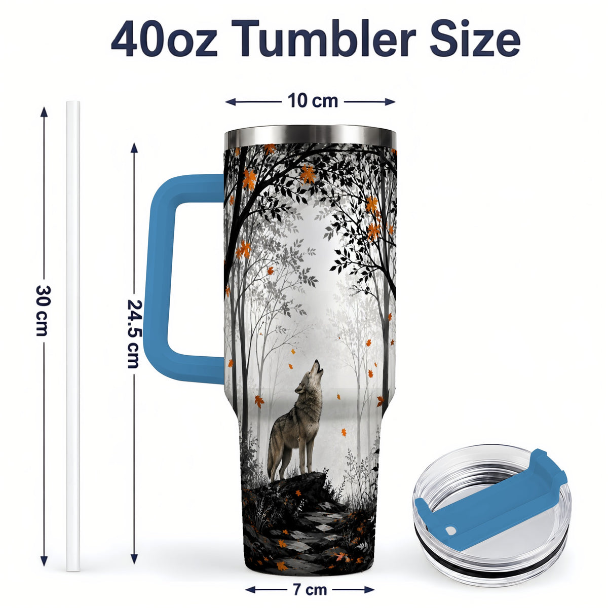 #pl[40oz|Blue] Howling Wolf 40oz Tumbler, Autumn Forest Artwork for Nature Lovers