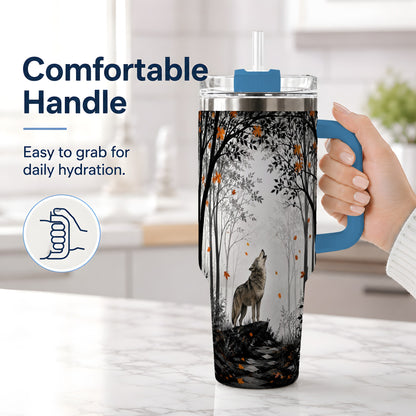 #pl[40oz|Blue] Howling Wolf 40oz Tumbler, Autumn Forest Artwork for Nature Lovers